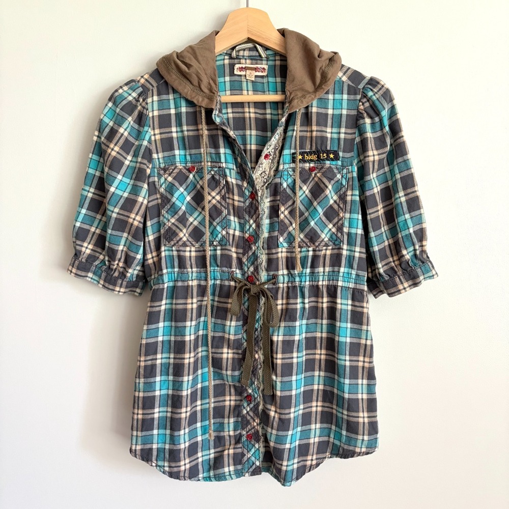 Free People Plaid Flannel Top Hooded Button-Up Size 6 Blue Brown Y2K Cotton